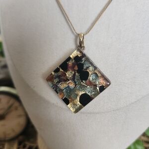 Murano Gold and Black Artistic Necklace Square Pendant Signed W Gold Chain